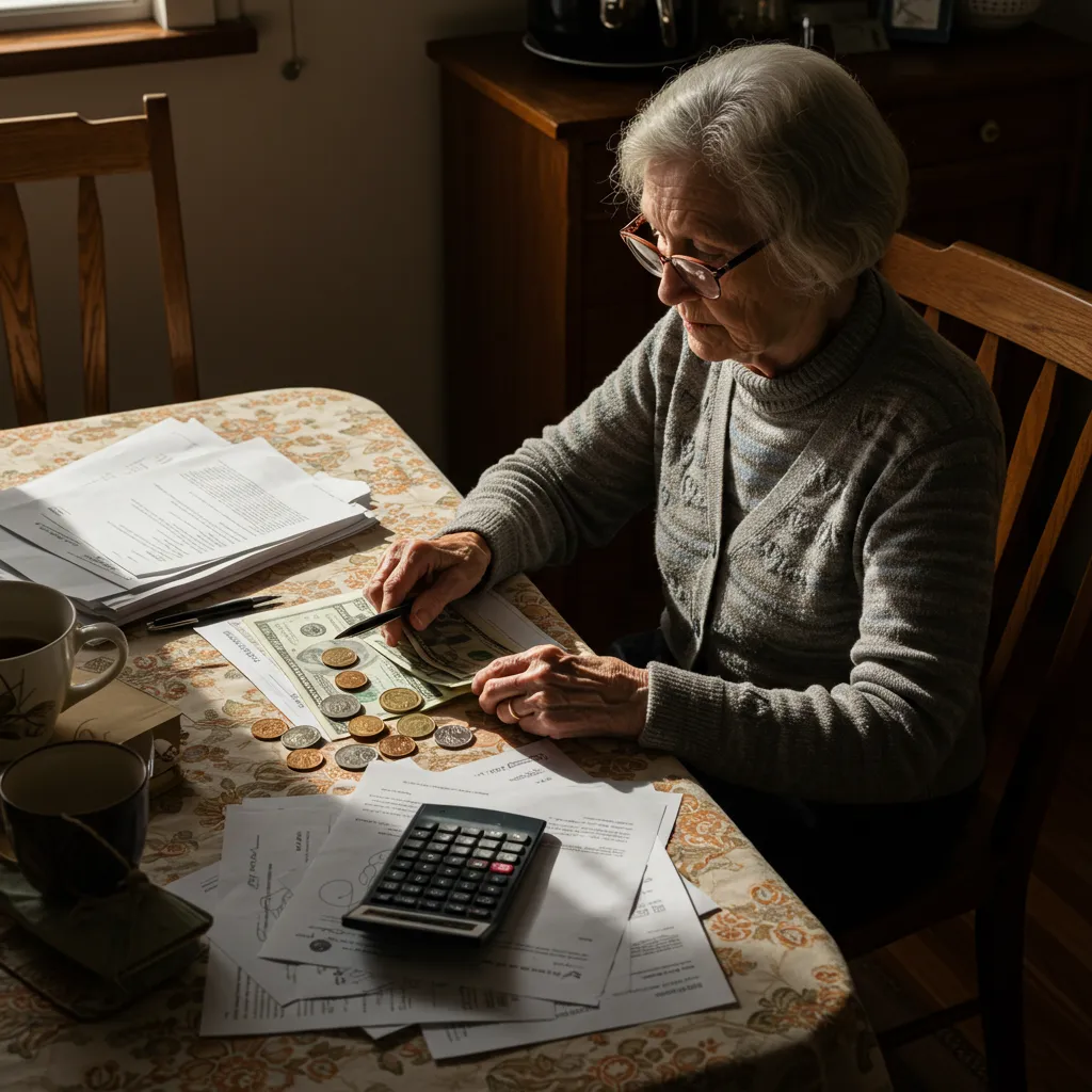 Femme âgée comptant de l'argent à une table de cuisine, exprimant l'inquiétude face aux coûts de la dépendance
