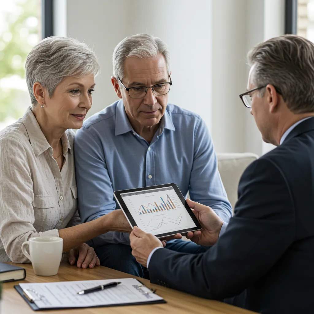 Couple quinquagénaire consultant un planificateur financier pour choisir entre assurance dépendance et autofinancement