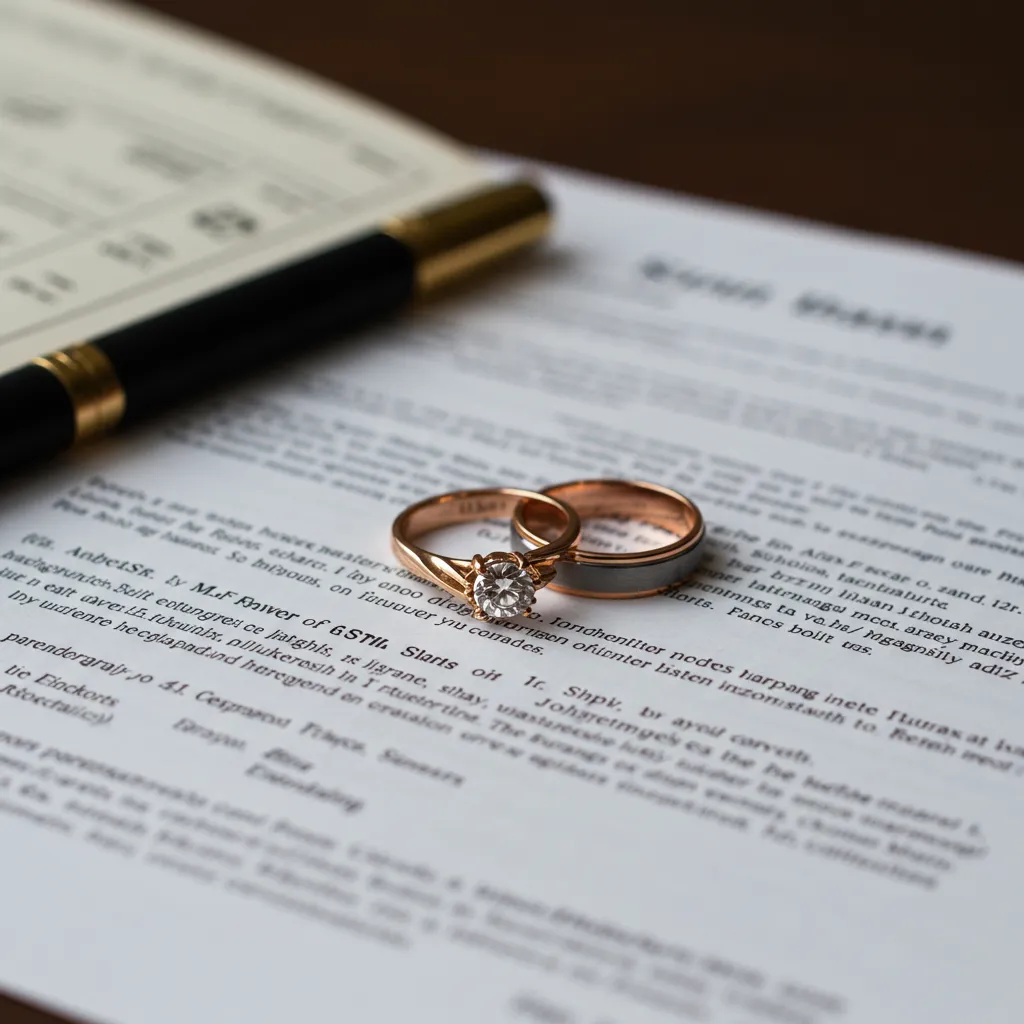 Gros plan sur un document juridique et une alliance, symbolisant l'exclusion des couples non mariés de la réversion.