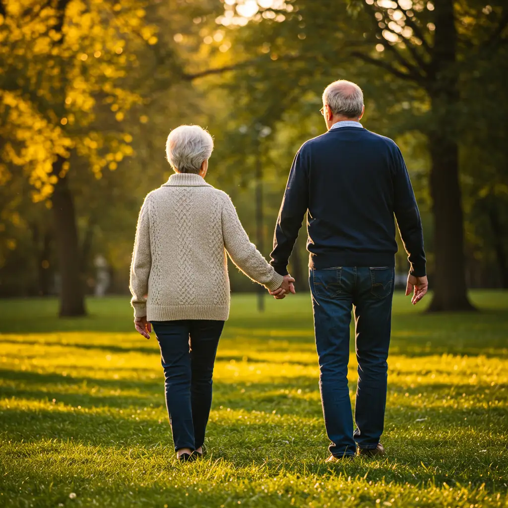 Un couple âgé se promenant dans un parc au coucher du soleil, évoquant la nécessité d'anticiper sa protection financière.
