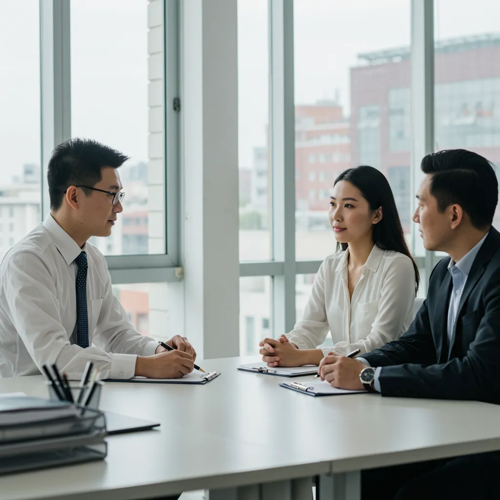 Un conseiller financier discutant avec un couple non marié, illustrant les solutions alternatives à la réversion.