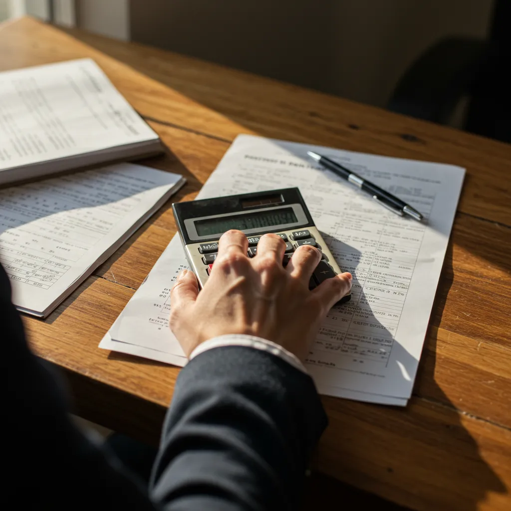 Gros plan sur le calcul de la pension de retraite d'un fonctionnaire sur un bureau en bois avec une calculatrice et des documents