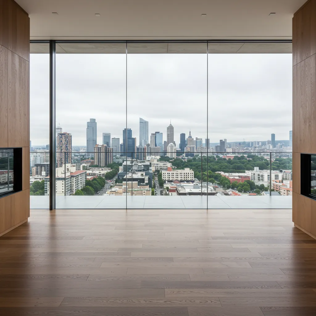 Salon moderne et spacieux avec une vue panoramique sur la ville, illustrant un patrimoine immobilier de valeur