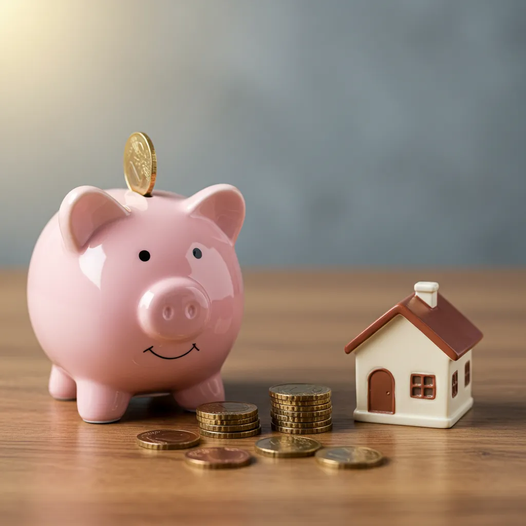 Tirelire avec une maquette de maison et des pièces de monnaie, symbolisant les économies sur l'assurance emprunteur