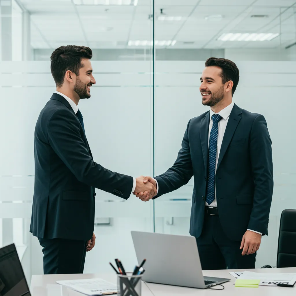 Entrepreneur serrant la main d'un conseiller bancaire dans un bureau lumineux, illustrant les avantages pour les professionnels