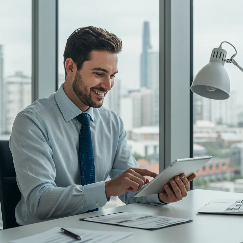 Investisseur souriant consultant des graphiques de croissance sur une tablette dans un bureau moderne avec vue sur la ville.