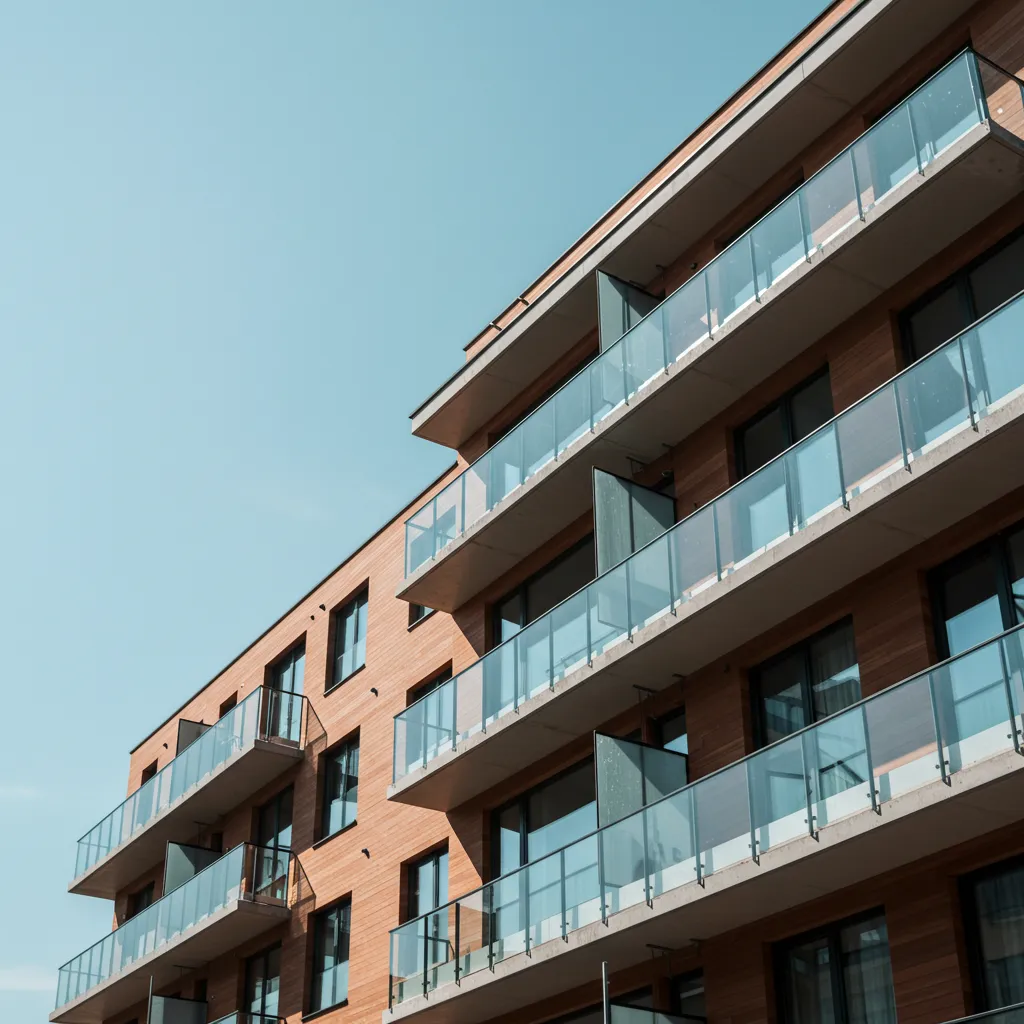 Façade moderne d'un immeuble d'appartements neufs avec balcons, photographiée en contre-plongée par temps clair.