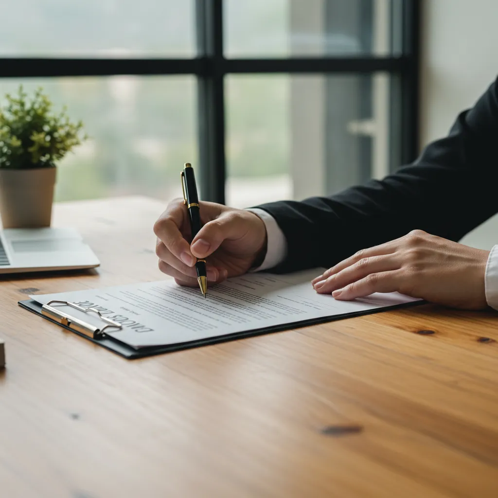 Gros plan sur des mains signant un contrat de prêt immobilier en nom propre