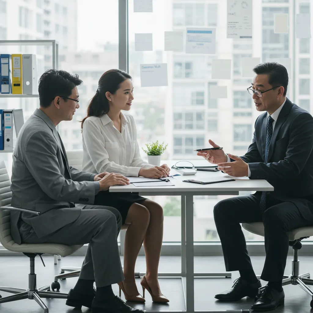 Conseiller financier présentant une stratégie d'optimisation de crédit immobilier à un couple