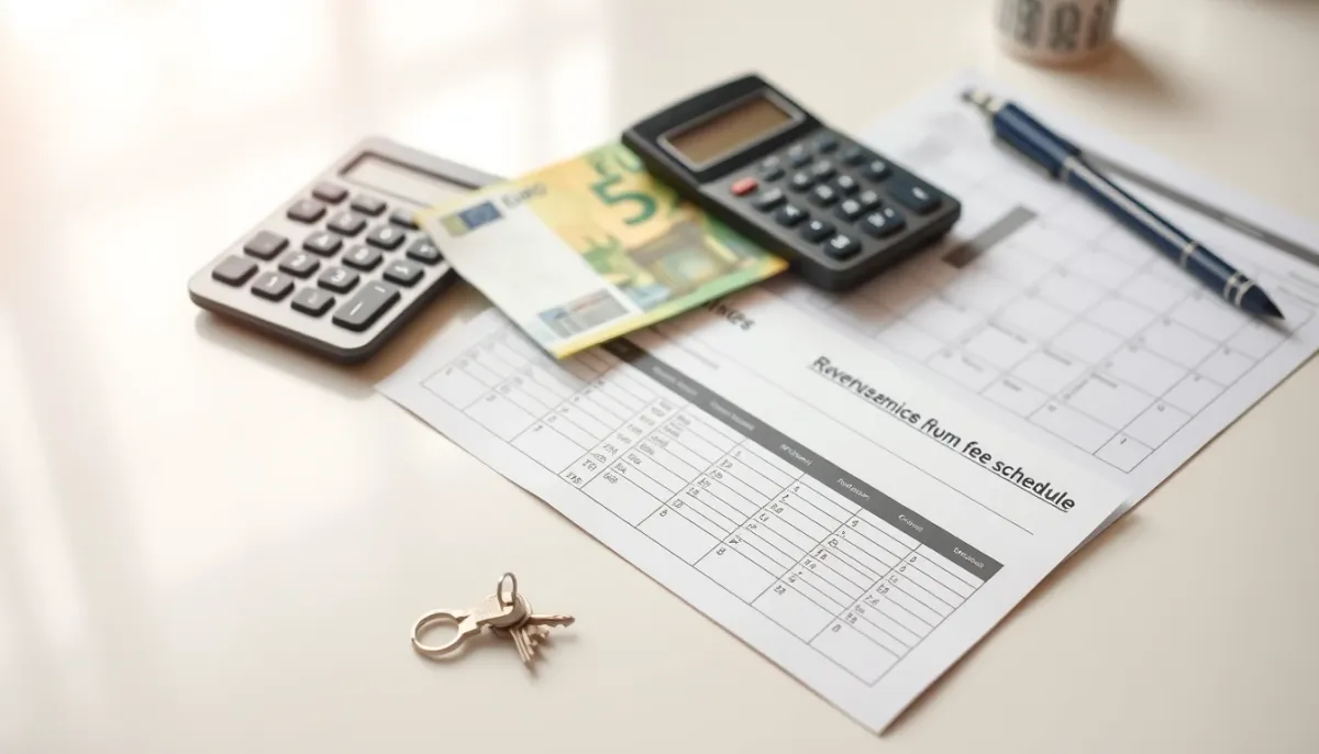 Calcul des frais de notaire et droits de donation sur un bureau, gros plan avec calculatrice et billets