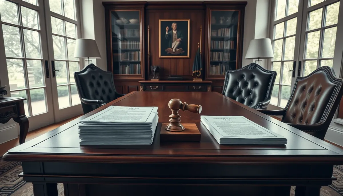 Intérieur d'étude notariale avec bureau et chaises pour la signature de l'acte de donation