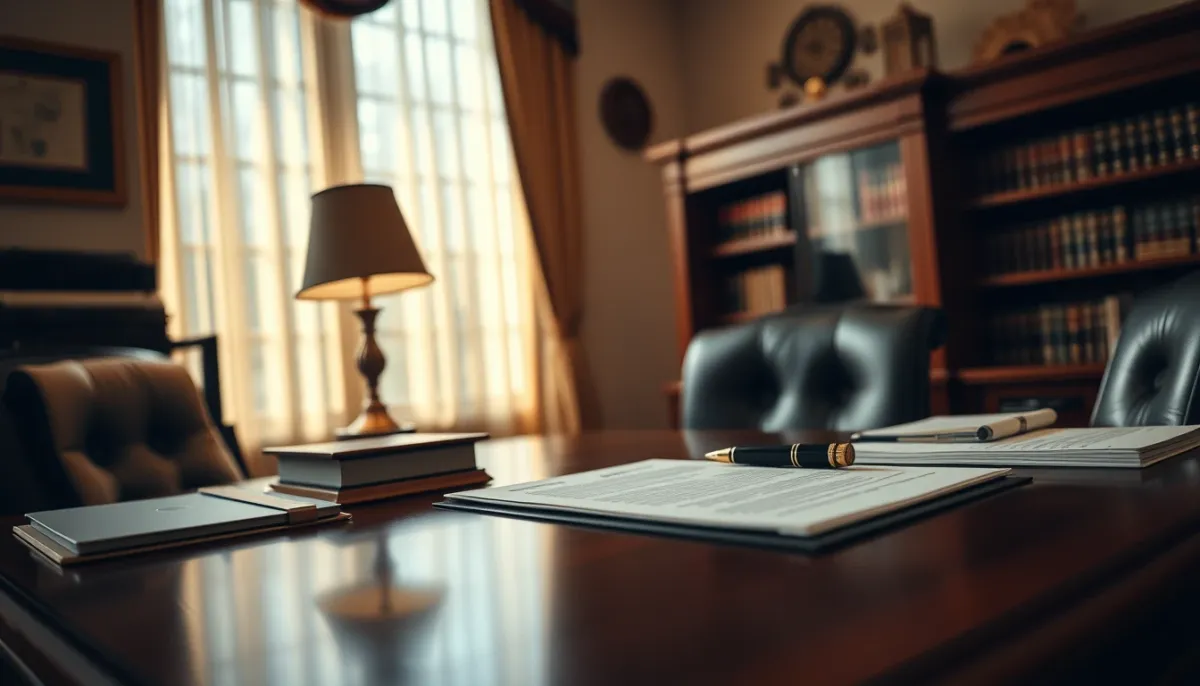 Bureau de notaire avec documents et matériel professionnel, illustrant les démarches officielles
