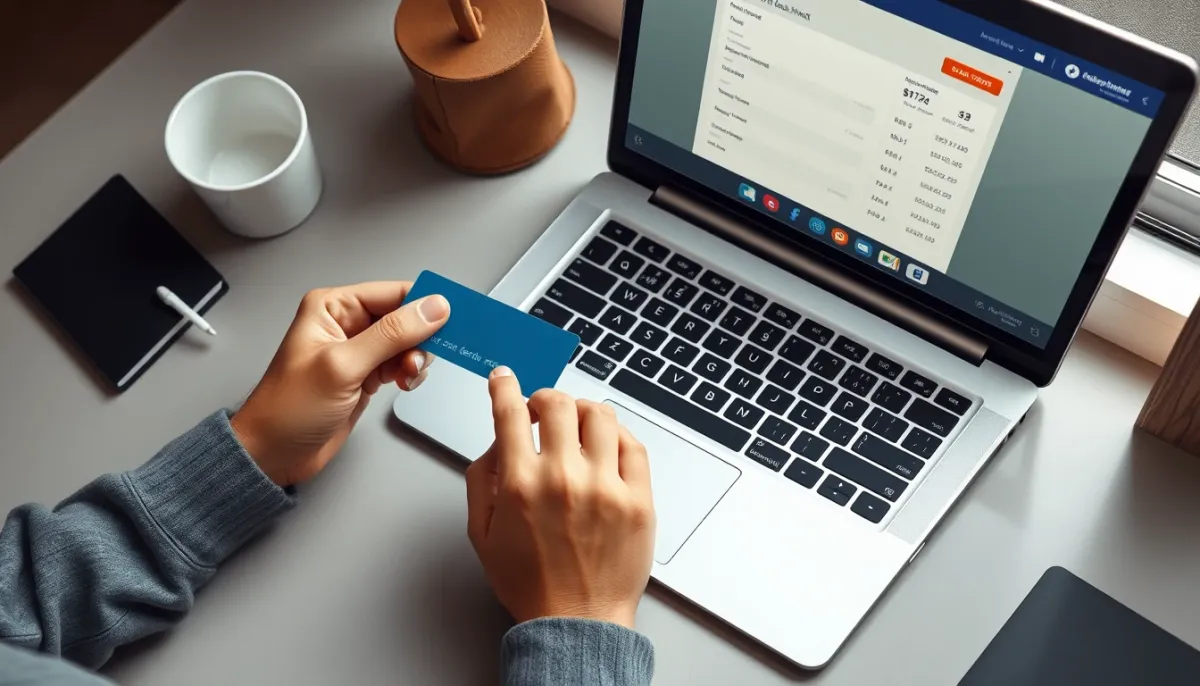 Personne effectuant une transaction bancaire en ligne sur ordinateur portable