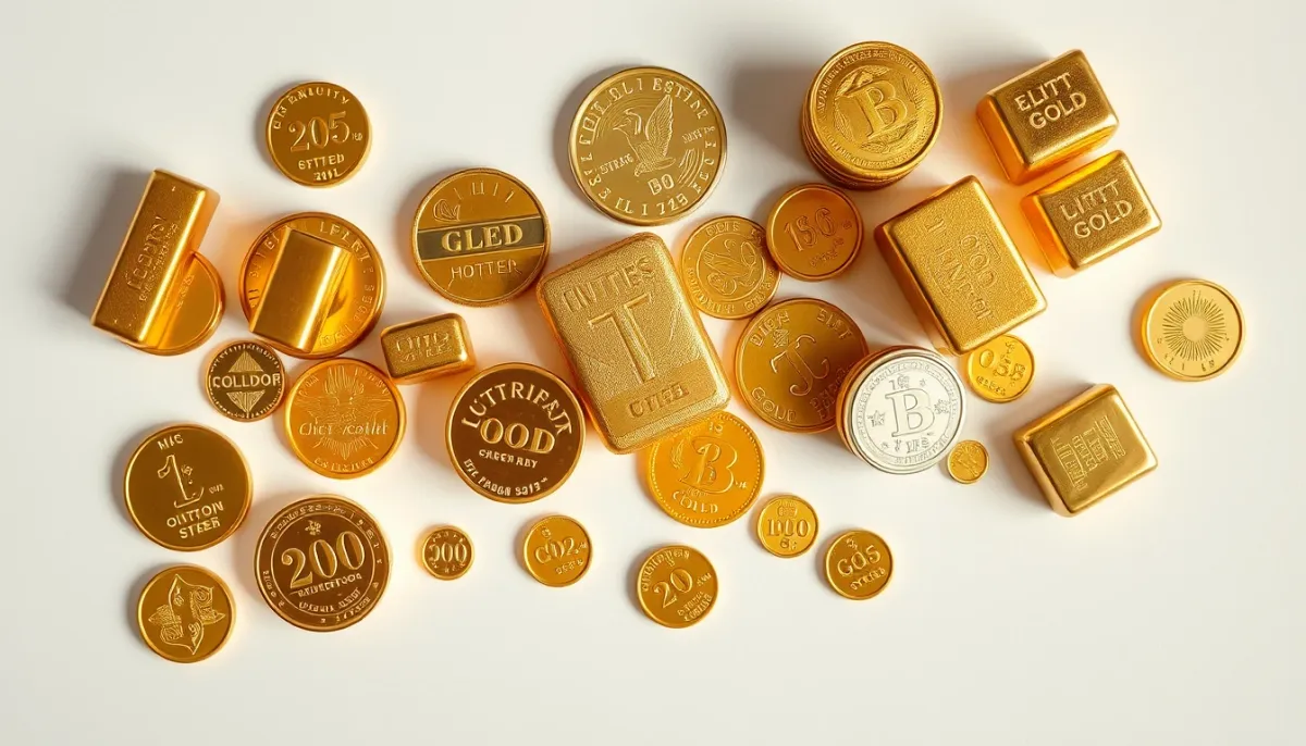 Différents formats d'or physique : pièces, lingots et lingotins présentés côte à côte