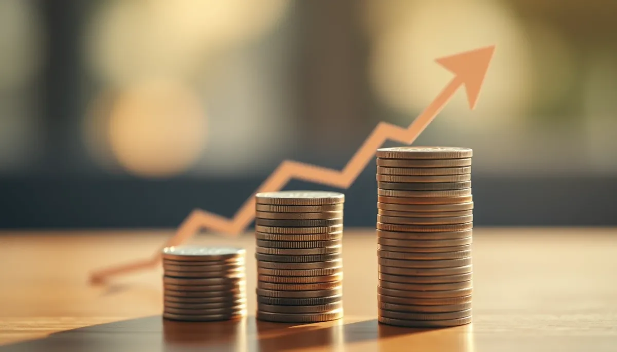 Visualisation de la croissance financière et optimisation fiscale avec pièces empilées et courbe ascendante