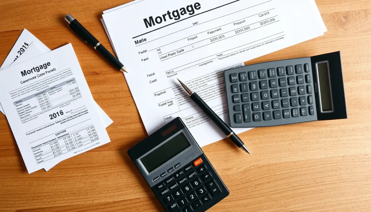 Documents financiers et calculatrice sur un bureau, représentant le calcul des conditions de financement immobilier