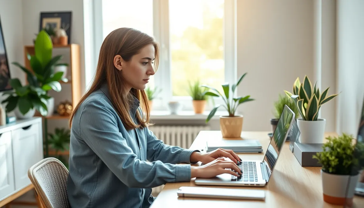 Jeune professionnel travaillant sur ordinateur dans un bureau moderne, symbolisant la stabilité professionnelle requise pour un crédit