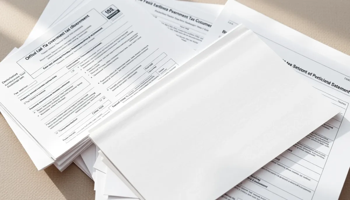 Documents administratifs et déclarations fiscales empilés, vue de dessus en lumière naturelle