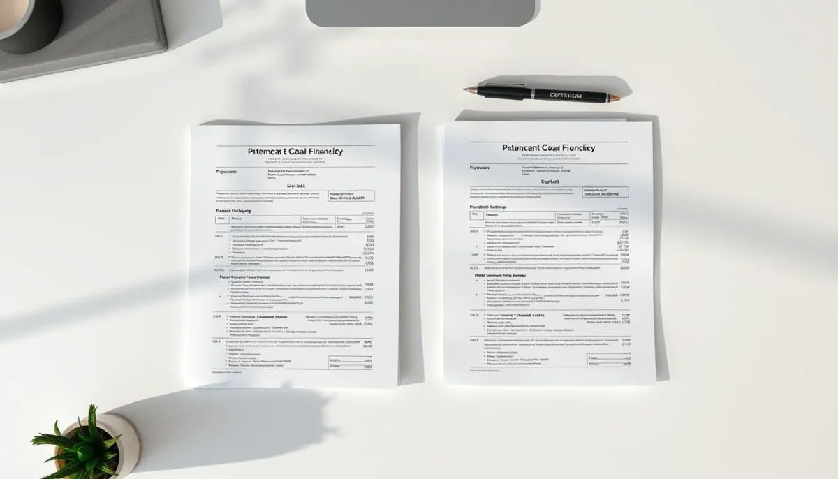 Composition visuelle montrant une comparaison entre deux documents financiers différents en vue de dessus
