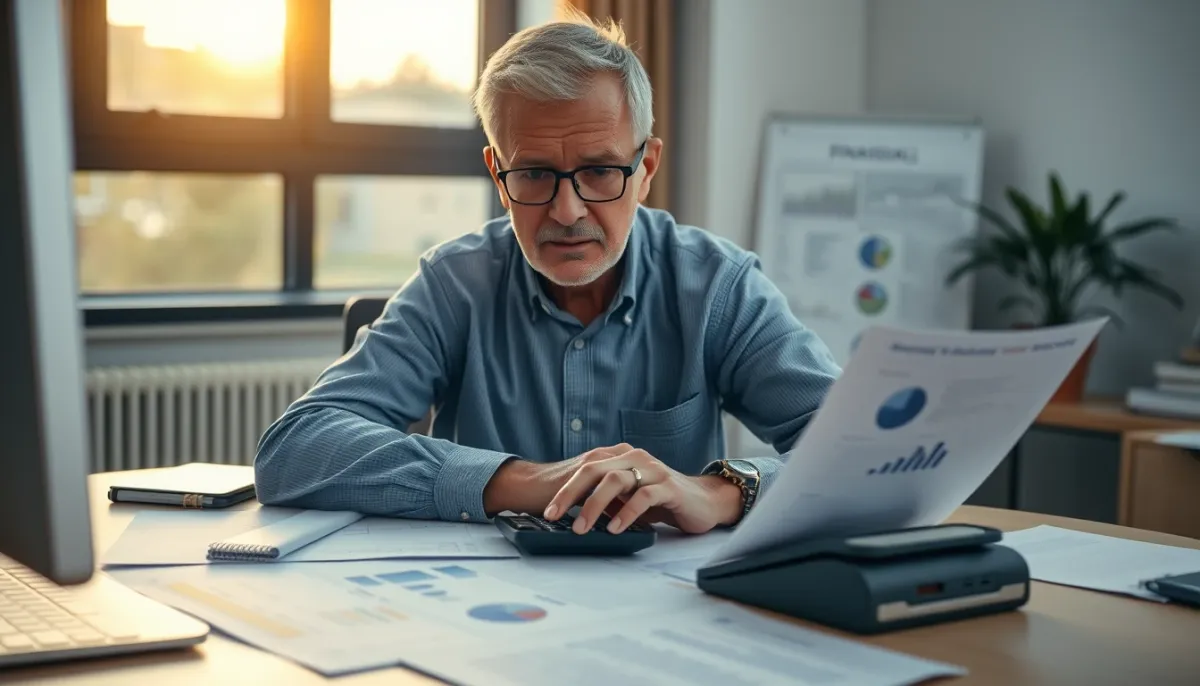 Personne en train de planifier sa fiscalité de retraite avec documents et calculatrice sur un bureau bien organisé