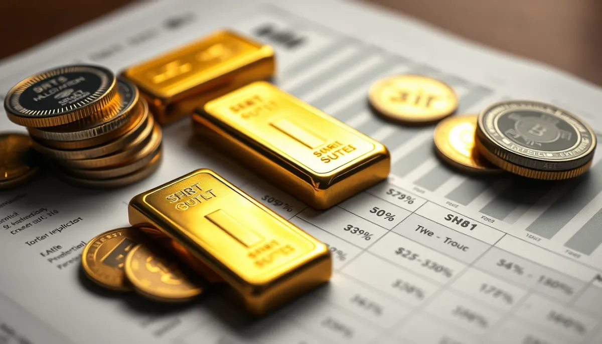 Lingots et pièces d'or disposés sur un document d'allocation de patrimoine
