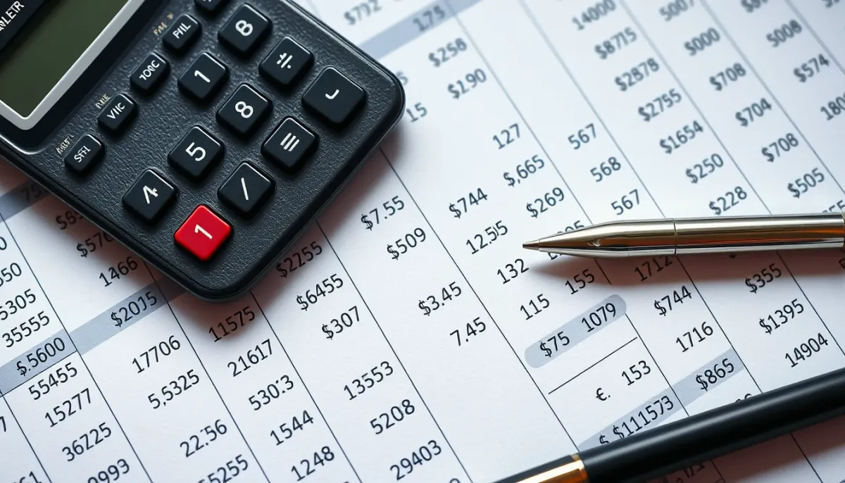 Calcul financier avec calculatrice et feuille de chiffres pour estimer le bouquet et la rente en viager