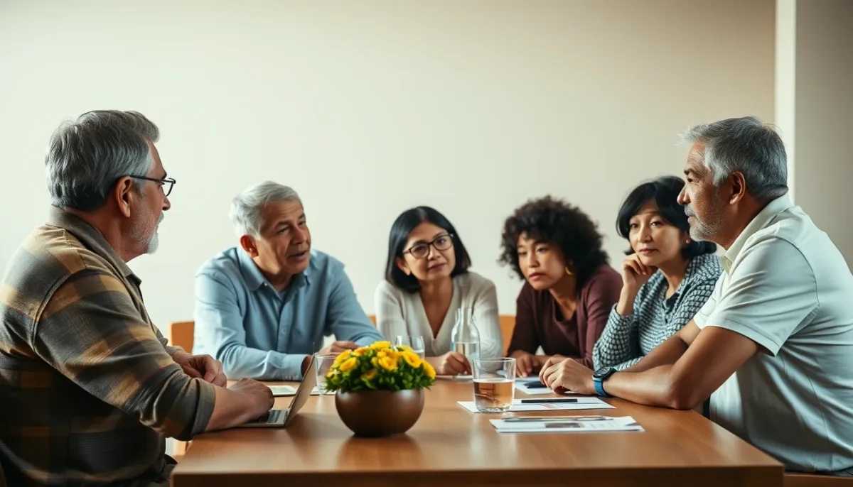 Réunion familiale autour d'une table pour discuter de questions financières et de l'obligation alimentaire