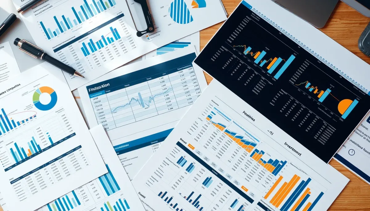 Vue de dessus de documents financiers et tableaux comparatifs d'ETF disposés sur un bureau