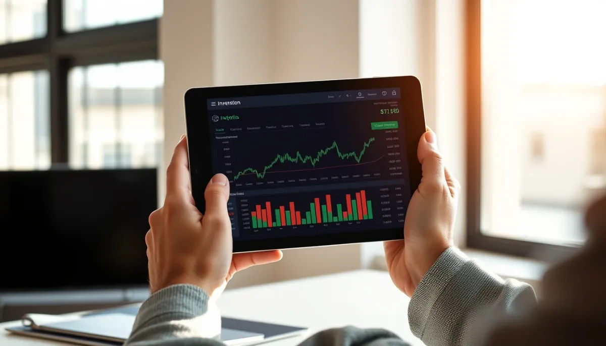 Photographie d'une personne consultant une interface de gestion de portefeuille sur tablette, illustrant le choix d'ETF