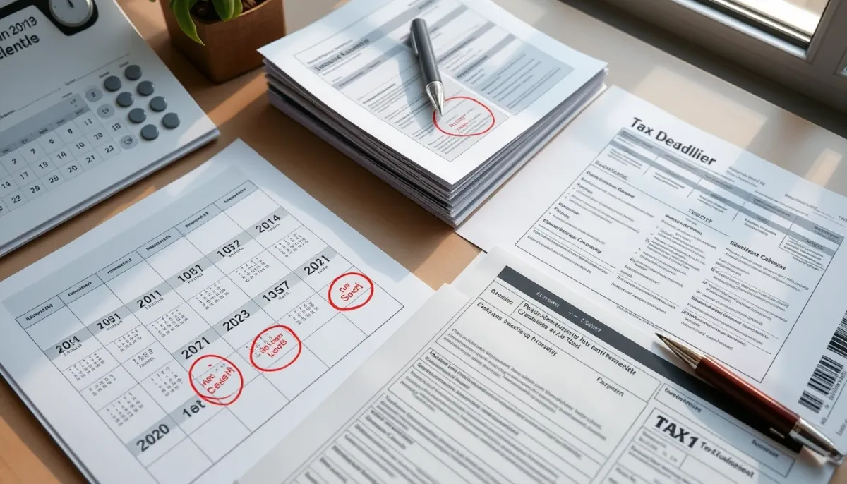 Calendrier fiscal et documents administratifs illustrant les échéances de déclaration et paiement des prélèvements