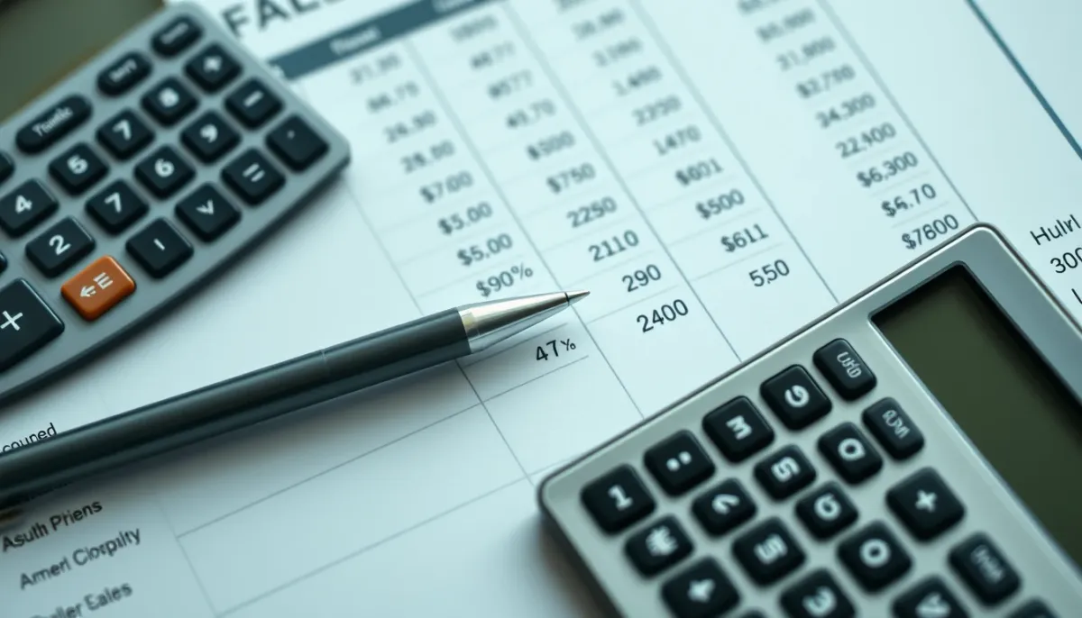 Détail d'un calcul fiscal avec calculatrice et formulaire d'impôt en vue de dessus