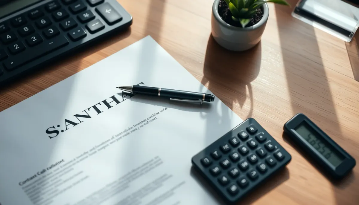 Contrat immobilier avec stylo et calculatrice sur un bureau en bois, vue de dessus