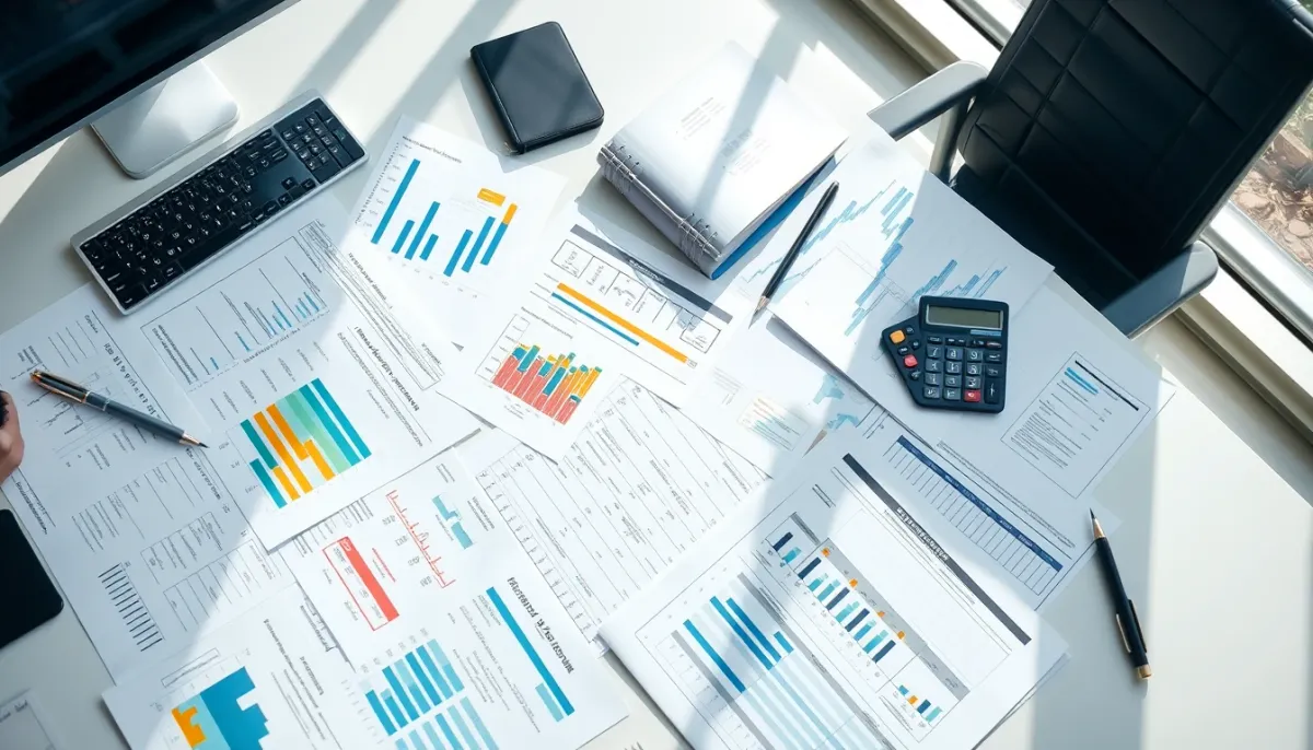Documents financiers et tableaux de calcul disposés sur un bureau moderne avec lumière naturelle