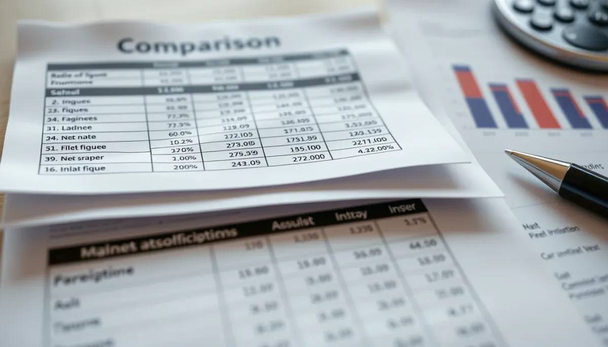 Gros plan sur des documents de comparaison financière avec tableaux et chiffres, illustrant l'importance de comparer les TAEG